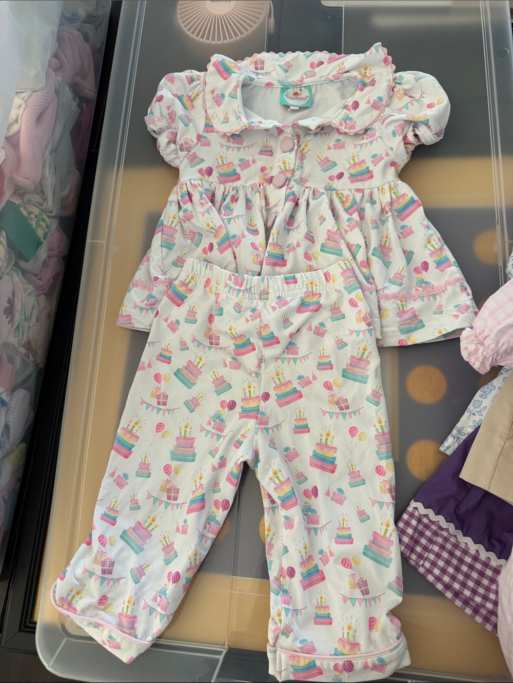 Toddler White Birthday Cake Print Pajama Set - Playful Ruffle Top & Pants